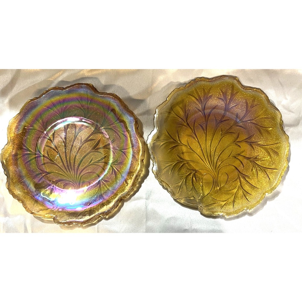 2- VTG Indiana Glass Iridescent Marigold Branch Carnival‎ Glass Plate 10" (2388)